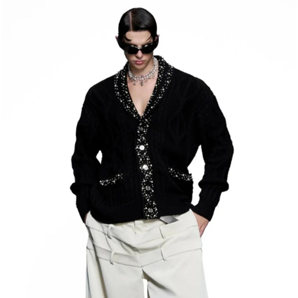 Argue Culture Opulent Pearl Knit Cardigan Sweater Black  Large